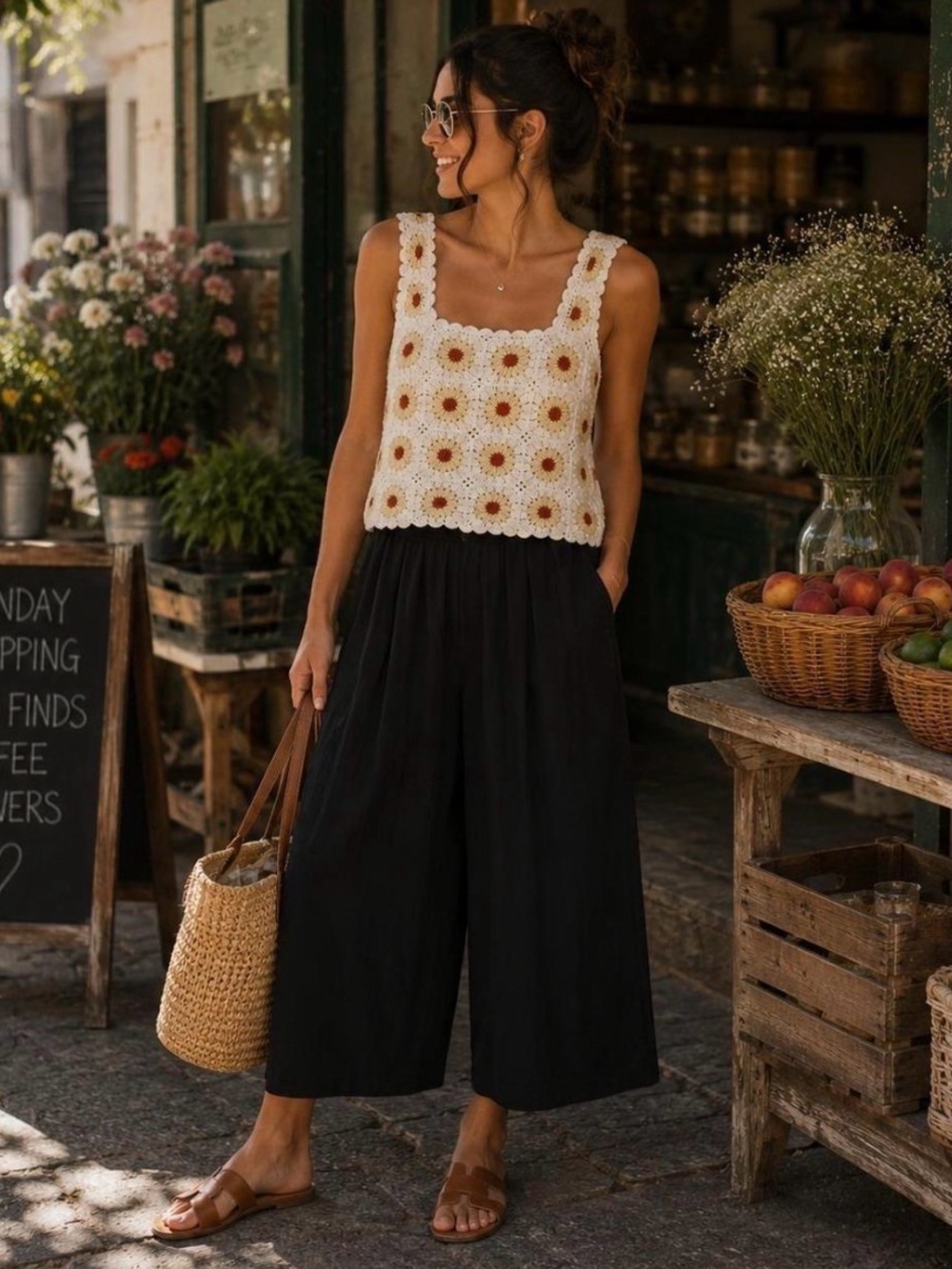 Rebellion Black Wide-Leg Pants with Cream Crochet Tank Look
